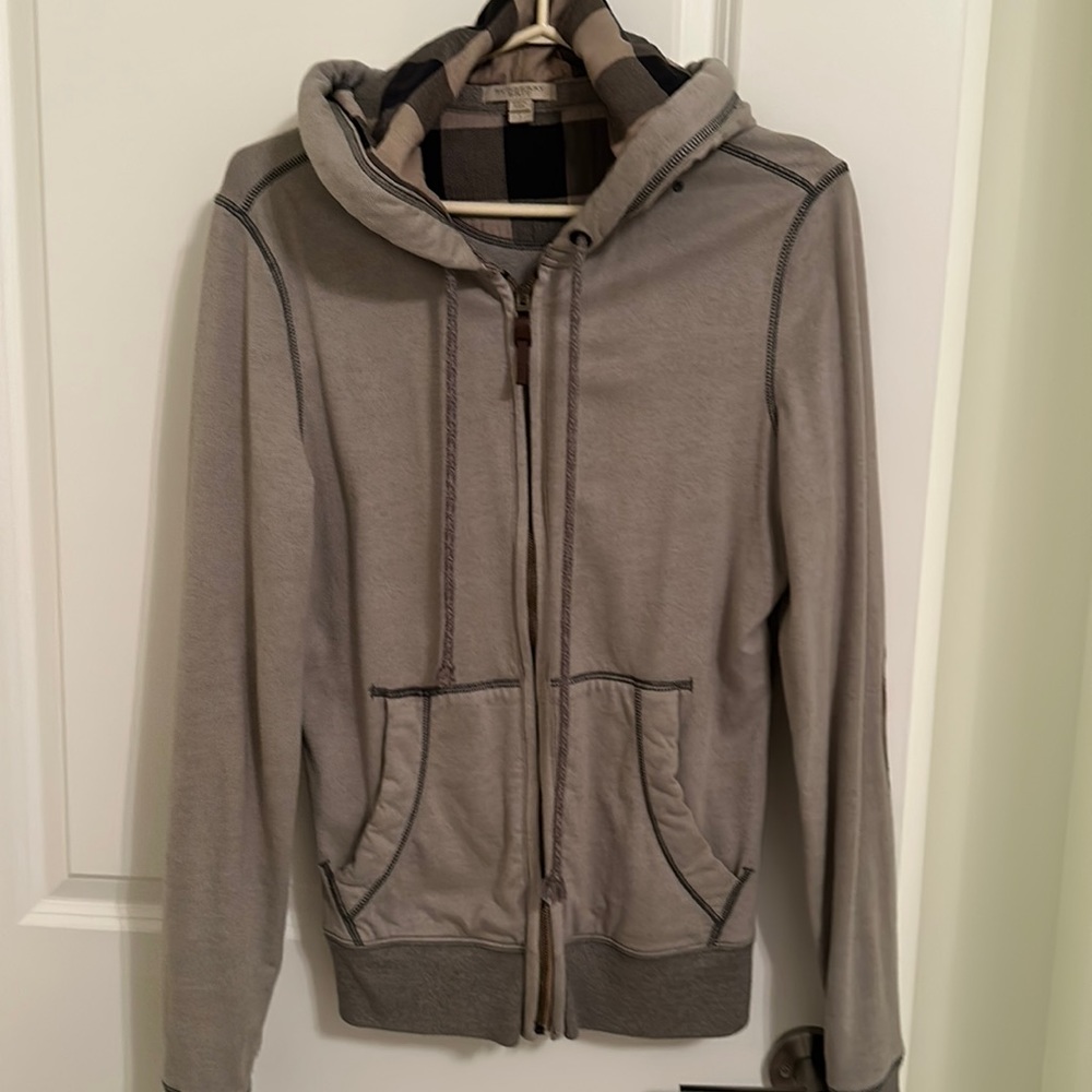 Burberry Gray Hooded Zip Jacket with Check Lining